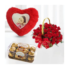 Basket Of 30 Red Roses, 16 Pcs Rocher Ferrero Chocolates With Photo Cushion