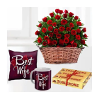 Basket Of 50 Red Roses , 3 Toblerone Chocolates, Set Of Photo Cushion With Photo Mug