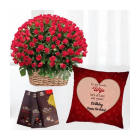 Basket Of 100 Red Roses , Set Of 3 Bournville Chocolates With Photo Cushion