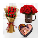 Bunch Of 12 Red Roses, 1 Kg Heart Shape Photo Cake, With 5 Red Roses Arranged In Photo Mug