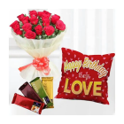 Bunch Of 15 Red Roses, Set Of 4 Temptations Chocolate With Photo Cushion