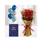 Bunch Of 12 Red Roses In Jute Packing, Bunch Of 5 Mix Color Balloons With Birthday Card