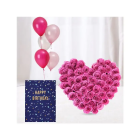 Heart Shape Arrangement Of 40 Pink Roses, 5 Bunch Of Mix Color Balloons With Birthday Card