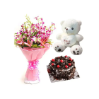 Bunch Of Lilies With Lavender Orchids, 6 Inch Cute Teddybear & Chocolate Fantasy Fresh Cream Cake