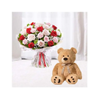 BOUQUET OF 20 RED AND PINK ROSES WITH 1 FEET HEIGHT TEDDY BEAR 