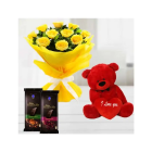 Bunch Of 10 Yellow Roses With Set Of 2 Bournville Dark Chocolate & 6 Inch Red Teddy Bear