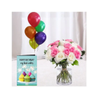  Vase Arrangement Of 12 Pink And White Roses, 5 Bunch Of Mix Color Balloons With Birthday Cards