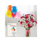  Vase Arrangement Of Exotic Mix Flowers, 5 Bunch Of Mix Color Balloons With Birthday Card