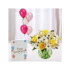 Beautiful Vase Arrangement Of Bright Mix Flowers, Bunch Of 5 Mix Color Balloons With Birthday Card