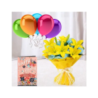 Exotic Hand Bouquet Of 5 Yellow Asiatic Lilies , 5 Bunch Of Balloons With Birthday Card