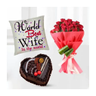 Bunch Of 20 Red Rose, Half Kg Heart Shape Chocolate Cake, With Photo Cushion