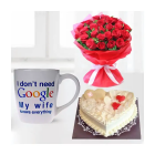 Bunch Of 20 Red Roses , Photo Mug, With Half Kg Heart Shape White Forest Cake