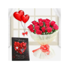 12 Red Roses Bunch With Pair Of Heart Shape Balloons With Valentine Day Greeting Card