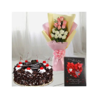 Bunch Of 12 Pink And White Roses, Half Kg Black Forest Cake, Valentine Greeting Card