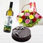 BASKET ARRANGEMENT OF MIX ROSES WITH BLACK FOREST CAKE WITH BOTTLE OF WHITE WINE 
