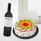 BASKET OF 15 YELLOW ROSES WITH PINEAPPLE CAKE WITH BOTTLE OF WHITE WINE 