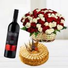 BASKET OF 50 RED AND WHITE ROSES WITH BUTTERSCOTCH CAKE WITH BOTTLE OF RED WINE 