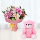 BEAUTIFUL HAND BOUQUET OF MIX EXOTIC FLOWERS WITH 6 INCH HEIGHT PINK TEDDY BEAR 