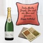 BOTTLE OF CHAMPAGNE HALF KG ASSORTED DRY FRUITS PHOTO CUSHION