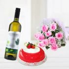 BOUQUET OF 20 PINK ROSES WITH STRAWBERRY CAKE WITH BOTTLE OF WHITE WINE 