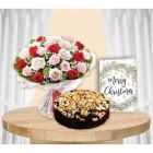 BOUQUET OF 20 RED AND PINK ROSES CASHEW PLUM CAKE CHRISTMAS CARD