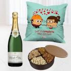 BOX OF HALF KG ASSORTED DRY FRUITS BOTTLE OF CHAMPAGNE WITH PHOTO CUSHION