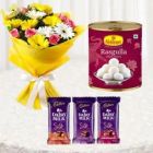BUNCH OF 10 MIX COLOUR GERBERAS SET OF 3 DAIRY MILK SILK 1 KG RASGULLA