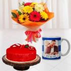 BUNCH OF 10 MIX COLOUR GERBERAS HALF KG RED VELVET COOL CAKE WITH PHOTO MUG
