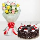 BUNCH OF 10 MIX ROSES WITH BLACK FOREST COOL CAKE