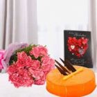 BUNCH OF 10 PINK CARNATIONS HALF KG ORANGE CAKE VALENTINE GREETING CARD