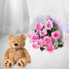 BUNCH OF 10 PINK ROSES WITH 6 INCH CUTE PINK TEDDY BEAR 