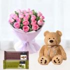 BUNCH OF 10 PINK ROSES WITH 6 INCH TEDDY BEAR AND SET OF 2 TEMPTATIONS CHOCOLATE