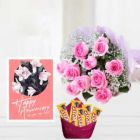 BUNCH OF 10 PINK ROSES PACK OF 5 FIVESTAR CHOCOLATES ANNIVERSARY GREETING CARD
