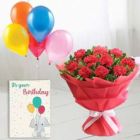 BUNCH OF 10 RED CARNATIONS BUNCH OF 5 MIX COLOR BALLOONS WITH BIRTHDAY CARD