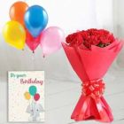 BUNCH OF 10 RED CARNATIONS 5 BUNCH MIX COLOR BALLOONS WITH BIRTHDAY CARD