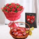 BUNCH OF 10 RED CARNATIONS BASKET OF KITKAT CHOCOLATES VALENTINE GREETING CARD