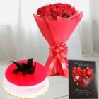BUNCH OF 10 RED CARNATIONS HALF KG STRAWBERRY CAKE WITH VALENTINE GREETING CARD