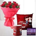 BUNCH OF 10 RED ROSES 5 DAIRY MILK CHOCOLATES PHOTO CUSHION WITH PHOTO MUG