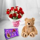 BUNCH OF 10 RED ROSES WITH 6 INCH TEDDY BEAR WITH SET OF 2 DAIRY MILK CHOCOLATE