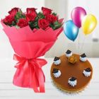 BUNCH OF 10 RED ROSES WITH BUTTERSCOTCH FRESH CREAM CAKE WITH 03 BLOWN BALLOONS