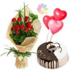 BUNCH OF 10 RED ROSES WITH CHOCO VANILLA CAKE WITH 03 HEART SHAPE BALLOONS