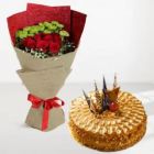 BUNCH OF 10 RED ROSES WITH GREEN BUTTON WITH BUTTERSCOTCH PREMIUM QUALITY CAKE 