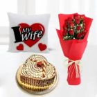 BUNCH OF 10 RED ROSES HALF KG BUTTERSCOTCH HEART SHAPE CAKE PHOTO CUSHION