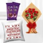 BUNCH OF 10 RED ROSES SET OF 2 DAIRY MILK SILK WITH PHOTO CUSHION
