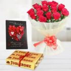 BUNCH OF 10 RED ROSES SET OF 3 TOBLERONE CHOCOLATES VALENTINE GREETING CARD