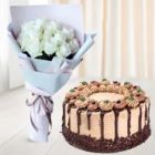 BUNCH OF 10 WHITE ROSES WITH CHOCOLATE CAKE 