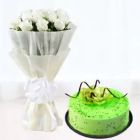 BUNCH OF 10 WHITE ROSES WITH KIWI COOL CAKE 