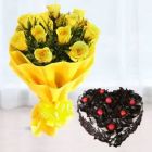 BUNCH OF 10 YELLOW ROSES WITH HEART SHAPE BLACK FOREST COOL CAKE
