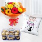 BUNCH OF 12 MIX COLOUR GERBERAS 16 PCS ROCHER FERRERO CHOCOLATES PHOTO CUSHION