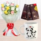 BUNCH OF 12 MIX COLOUR ROSES PHOTO MUG WITH SET OF 3 BOURNVILLE CHOCOLATES